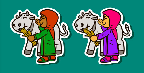 Sticker Illustration of a Muslim Girl with Cow