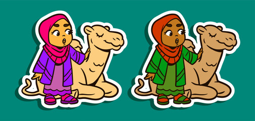 Sticker Illustration of a Muslim Girl with Camel