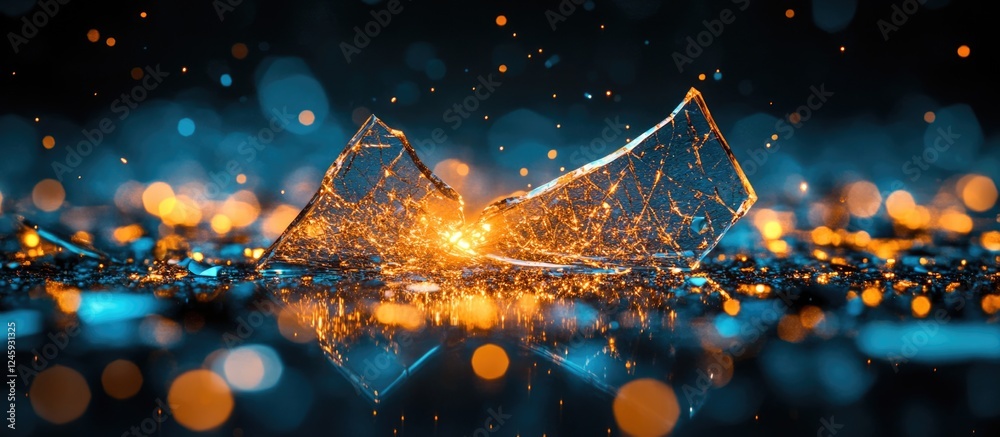 Poster Shattered glass on reflective surface with glowing bokeh background creating a dramatic and artistic effect in low-light conditions