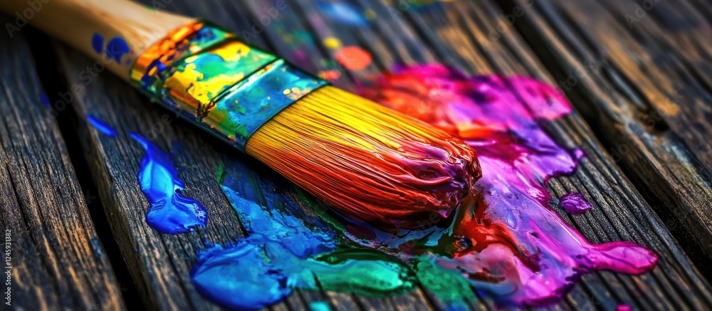 Poster vibrant paintbrush resting on a rustic wooden surface with colorful paint splatters creating an arti