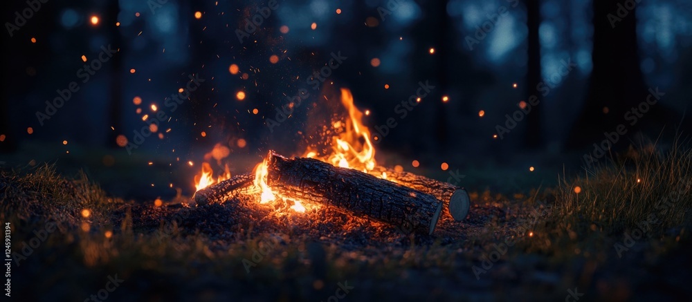 Poster campfire with burning logs and glowing embers in a nighttime forest setting creating a warm and invi