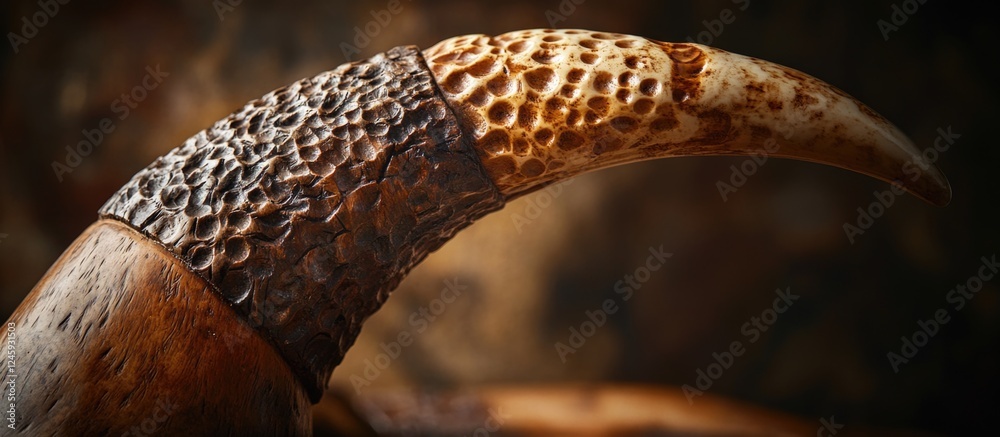 Poster close-up of textured buffalo horn showcasing intricate details and natural patterns on a blurred bac