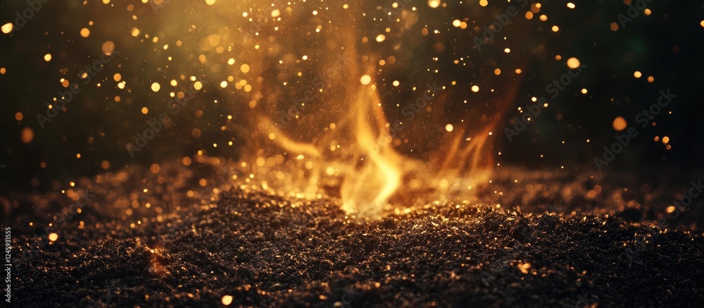 Fototapete Dynamic Flames Erupting from the Ground with Sparkling Ash and Bokeh Background for Text Overlay