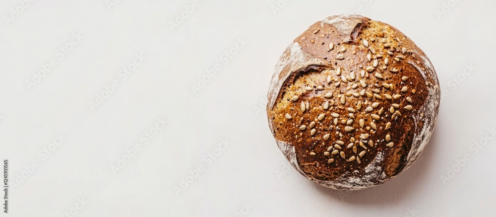 Poster rye bread bun topped with sunflower seeds on a white background showcasing its texture and freshness