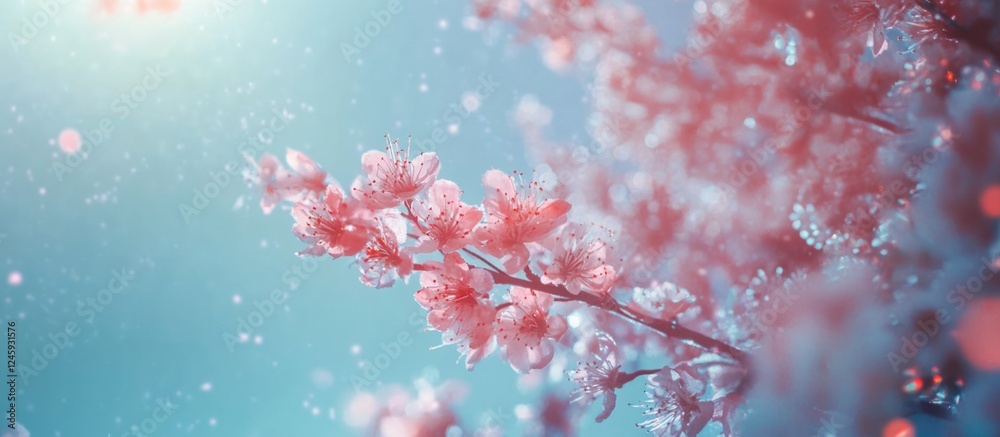 Poster Cherry blossom branches in spring against a blue sky with soft bokeh creating a peaceful background ideal for text and design elements