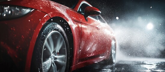 Detailing a polished red car exterior with water droplets and steam in a professional automotive care setting