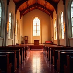 Fototapeta premium Empty church pulpit, silent sanctuary rows of pews , church building, altar, design