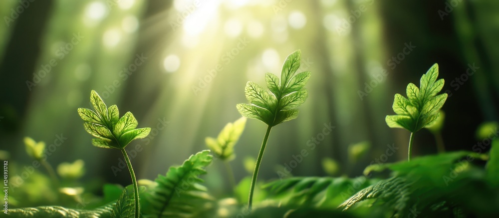 Aufkleber vibrant fern tree sprouts emerging in tropical rainforest with sun rays creating a serene, lush gree