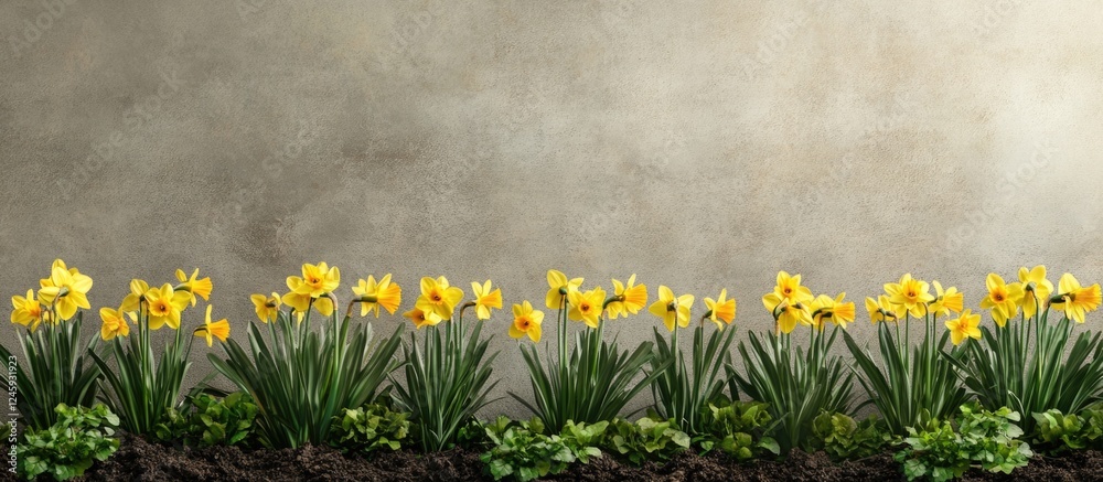 Poster vibrant yellow daffodils blooming in a lush garden with a textured grey background inviting a refres