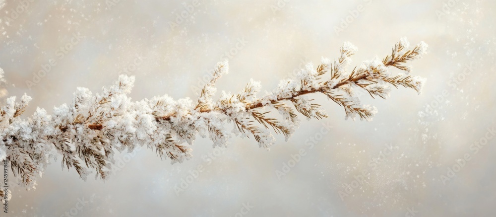 Poster snow-covered spruce branch with frost detailing against a soft winter background capturing the seren
