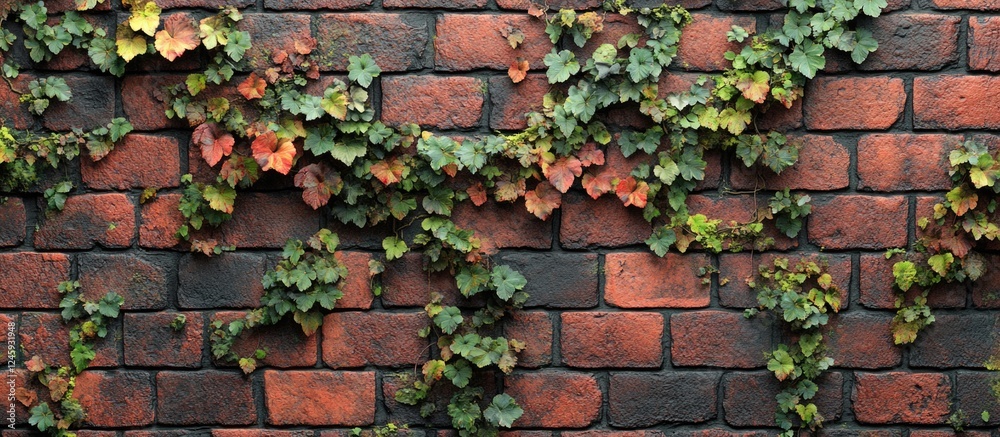 Poster Vintage brick wall with lush green and reddish ivy climbing over textured surface creating a natural rustic backdrop for design projects.