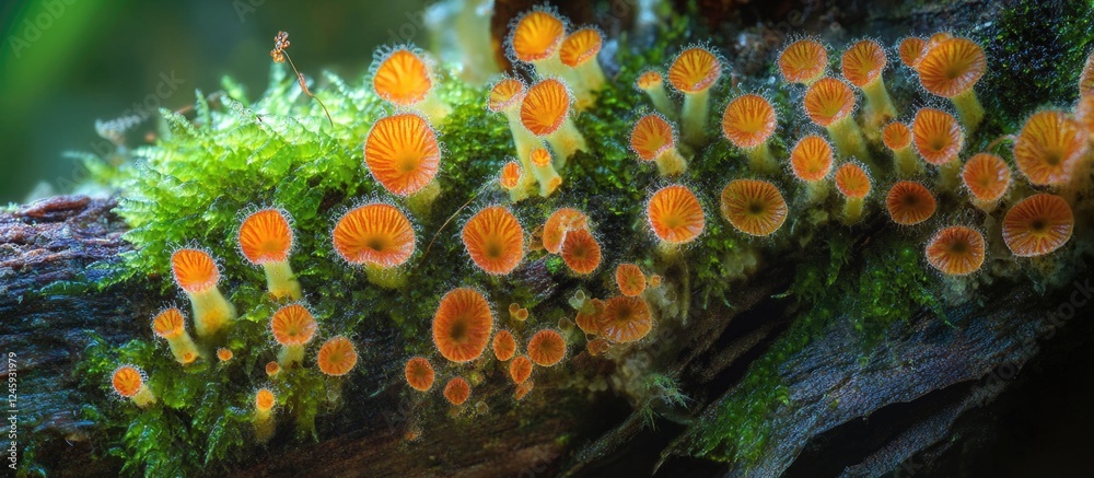 Aufkleber moss and fungi thriving on a decaying tree trunk in a lush forest, providing habitat for diverse mic