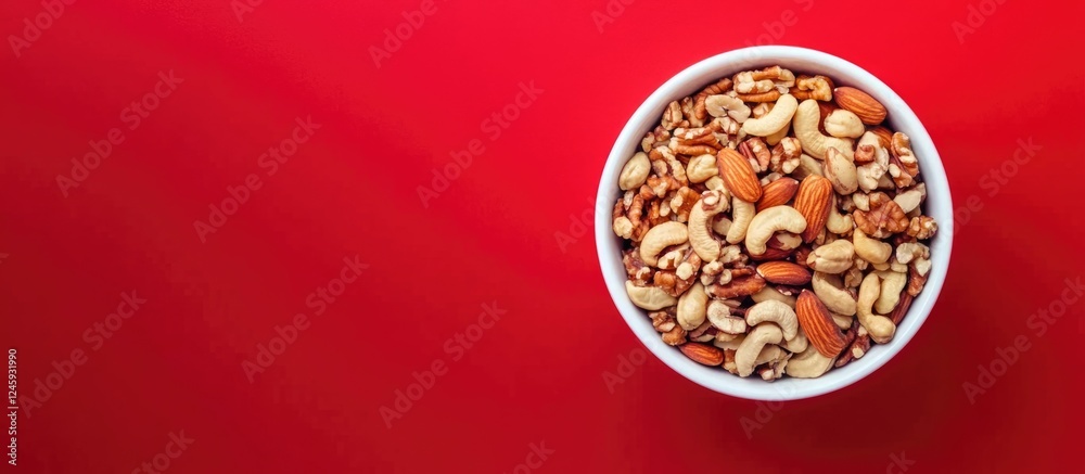 Poster bowl of mixed nuts including almonds cashews walnuts and pecans on vibrant red background with room 