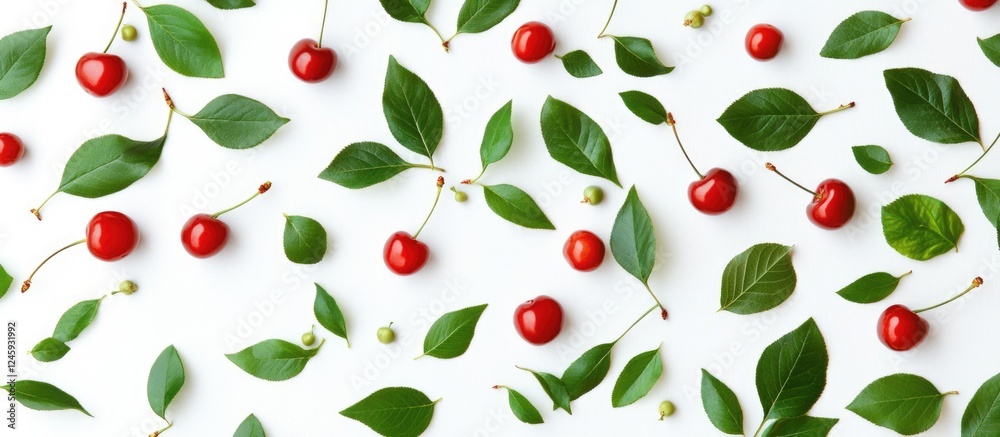 Poster cherries and green leaves arranged on a white background showcasing a vibrant and fresh abstract foo