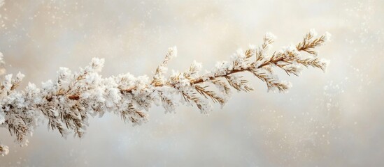 Snow-covered spruce branch with frost detailing against a soft winter background capturing the serene beauty of nature in cold months.