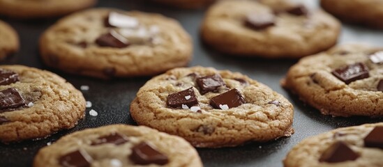 Freshly baked chocolate chip cookies with melted chocolate chunks arranged on a dark surface showcasing rich textures and appetizing appeal.