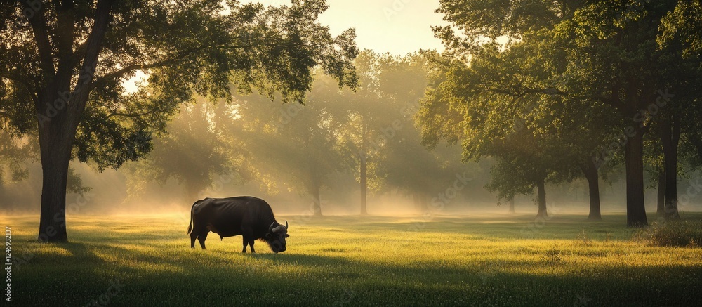 Poster serene buffalo grazing on fresh grass in a tranquil morning landscape illuminated by soft sunlight a