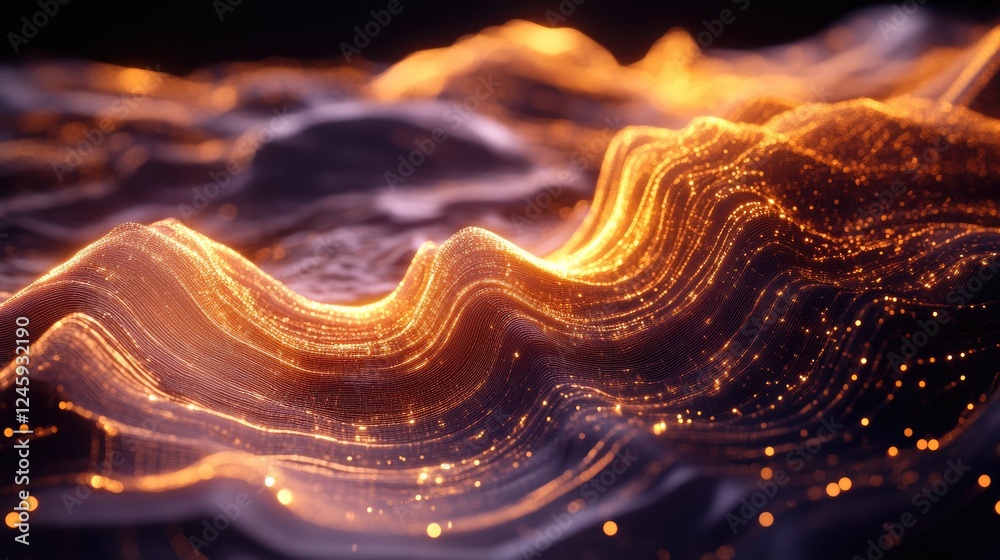 Aufkleber Futuristic topographic data visualization with glowing lines and particles creating a dynamic landscape, perfect for technology, research, and innovation themes.