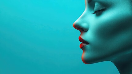 Close up artistic illustration of two merging faces with vibrant turquoise background and ample space for text placement