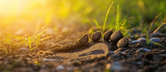 Obraz premium Close-up of a dog's paw print in the dirt surrounded by grass on a sunny day showcasing nature and pet exploration themes