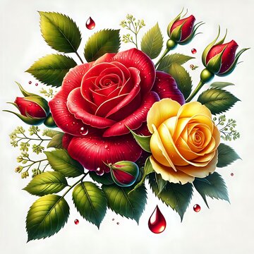 Romantic Red Rose Vector Design with Green Leaves on Minimalist White Background, red and yellow roj flower with white background