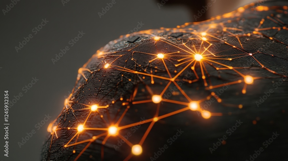 Poster close up of a microchip design with illuminated connections and space for text in a modern technolog
