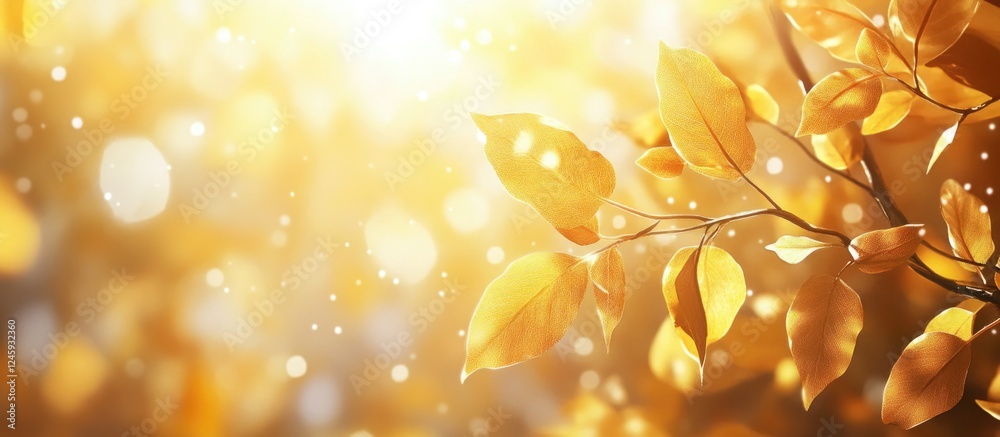 Poster Golden autumn leaves illuminated by sunlight creating a warm and vibrant atmosphere with a dreamy bokeh effect in the background.