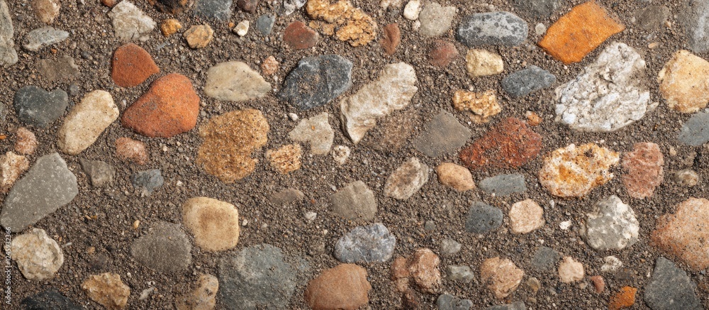 Poster textured soil surface with mixed gravel stones in shades of brown and gray suitable for background o