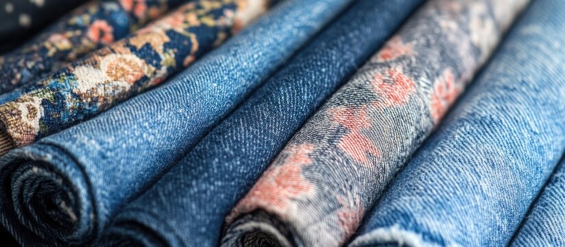 Denim fabric rolls showcasing various textures and patterns suitable for fashion and textile design backgrounds.
