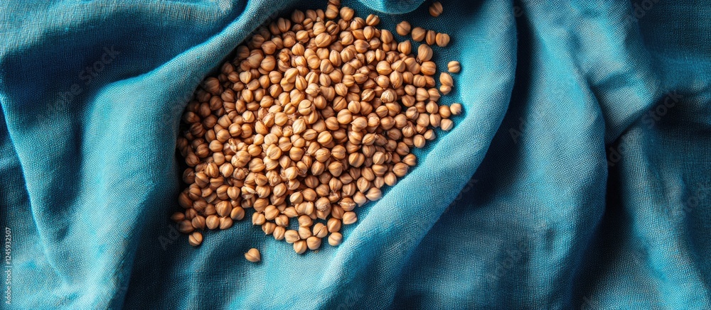 Aufkleber buckwheat grains scattered on a textured blue fabric creating a vibrant and natural food backdrop fo
