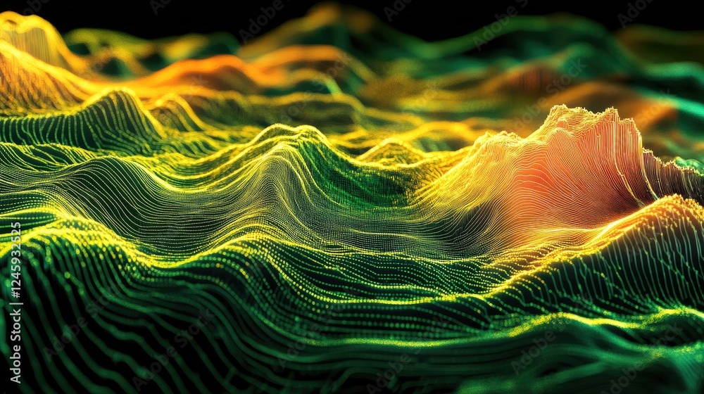 Aufkleber Futuristic topographic data visualization with glowing lines and particles creating a dynamic landscape, perfect for technology, research, and innovation themes.