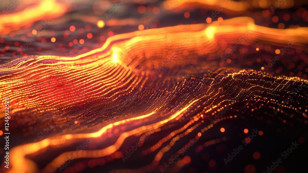 Aufkleber Futuristic topographic data visualization with glowing lines and particles creating a dynamic landscape, perfect for technology, research, and innovation themes.