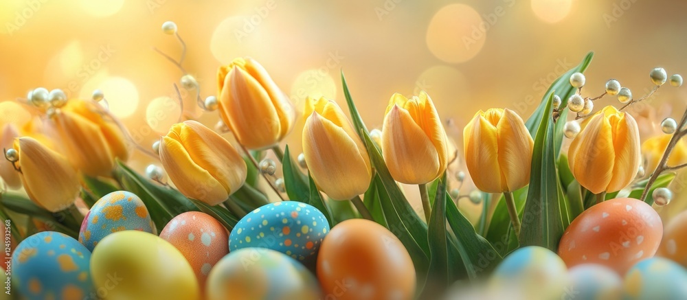 Poster yellow tulip flowers with colorful easter eggs creating a vibrant spring celebration atmosphere in a