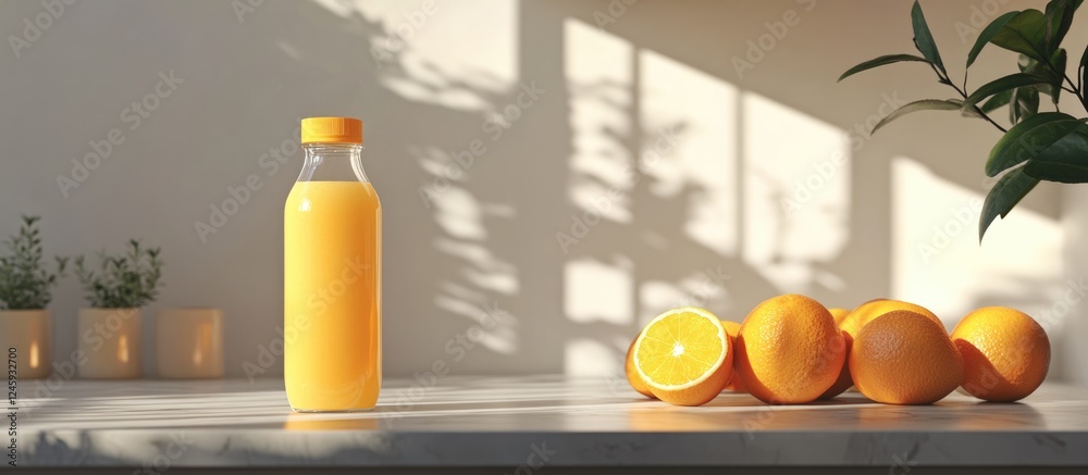 Poster Freshly squeezed orange juice on a kitchen counter surrounded by ripe oranges with natural light and empty space for customizable text.