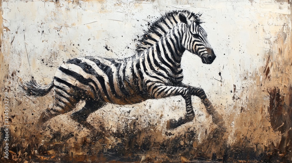 Poster highly detailed zebra in motion across the serengeti captured with fluid paint strokes and impasto t