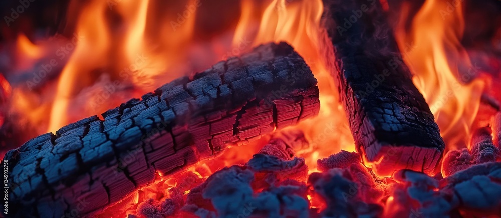 Poster glowing embers and burning logs creating a warm atmosphere in a campfire hearth setting