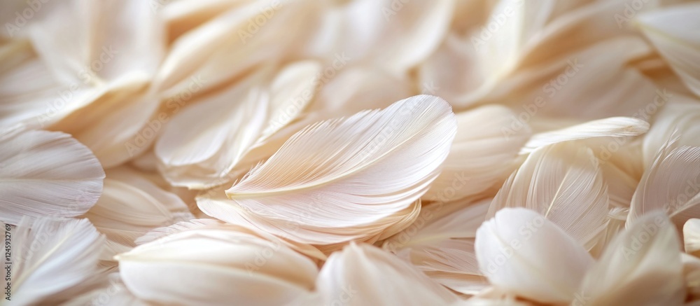 Poster chicken feathers arranged in a delicate pattern creating a soft textured background for design and c