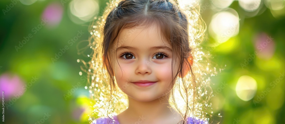 Poster portrait of a young girl with a serene expression surrounded by vibrant greenery and soft sunlight c