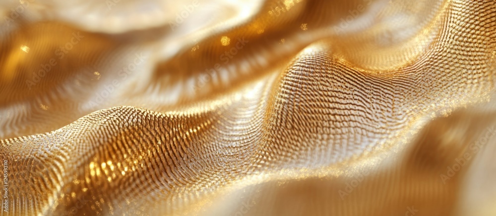 Poster luxurious golden fabric texture with soft waves and selective focus creating an elegant abstract bac