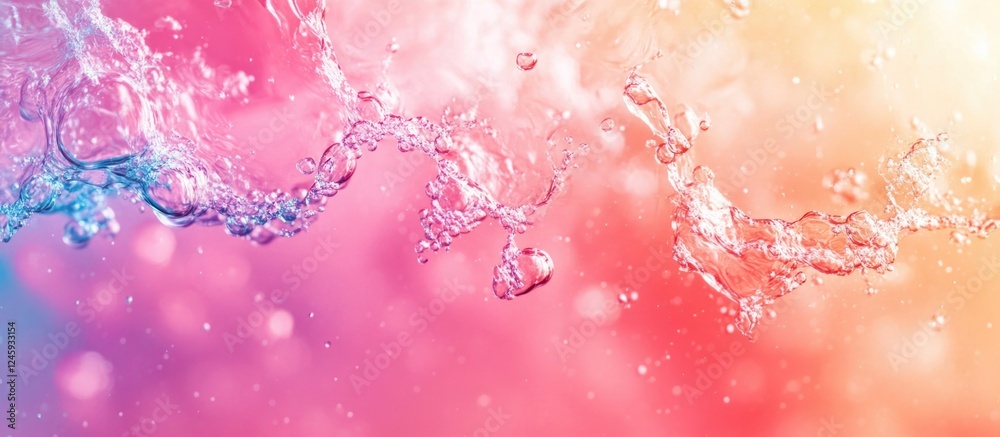 Poster Vibrant water splash with bubbles creating a colorful background texture for design and artistic projects