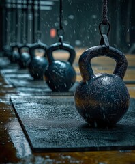Fototapeta premium Close up of Sweaty Kettlebells on Mat in Industrial Gym Setting