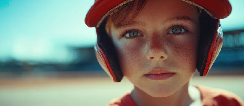 Young baseball player in summer sun at stadium focused and ready for training with room for text in promotional materials.