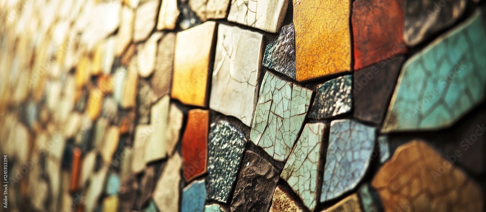Aufkleber Vintage mosaic wall close-up featuring an abstract pattern of colorful tiles in warm tones and intricate textures ideal for artistic backgrounds.