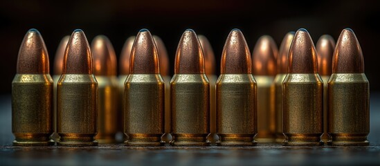 Detailed Close-Up of Rifle Bullets Arranged in a Row Highlighting Their Metallic Finish and Precision Craftsmanship