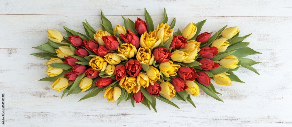Poster vibrant bouquet of yellow and red tulips on a rustic white wooden surface overhead view with ample c