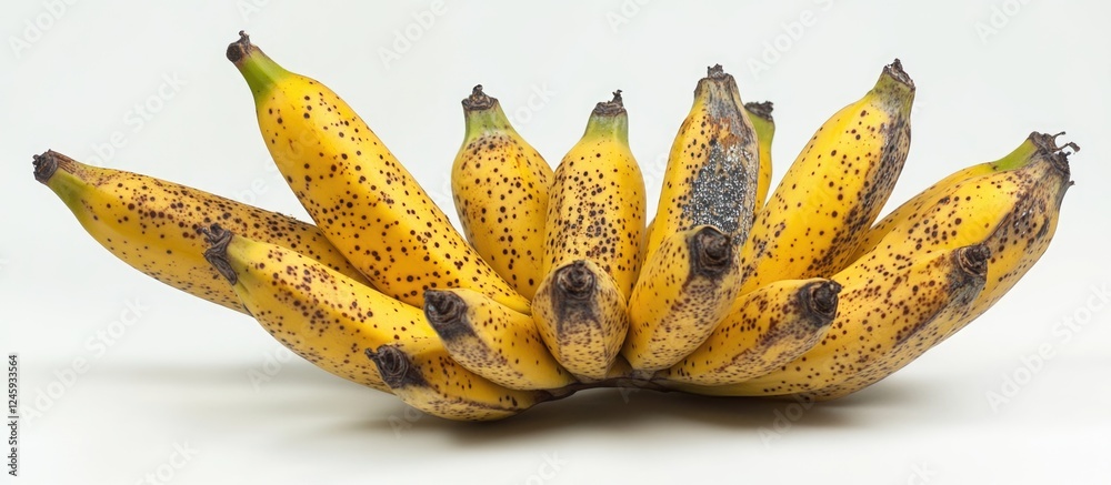 Poster aromatic ripe bananas with speckles arranged artistically isolated on a white background for culinar