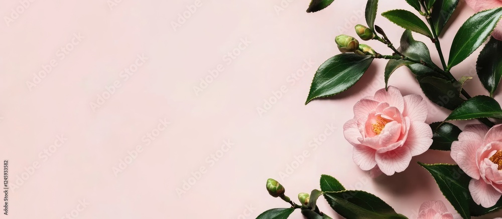 Poster Camellia sasanqua flowers on a pink background with green leaves ideal for adding text or promotional content in floral design.