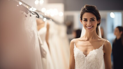 Naklejka premium Radiant Bride-to-Be Trying on Wedding Dress in Elegant Bridal Shop Setting