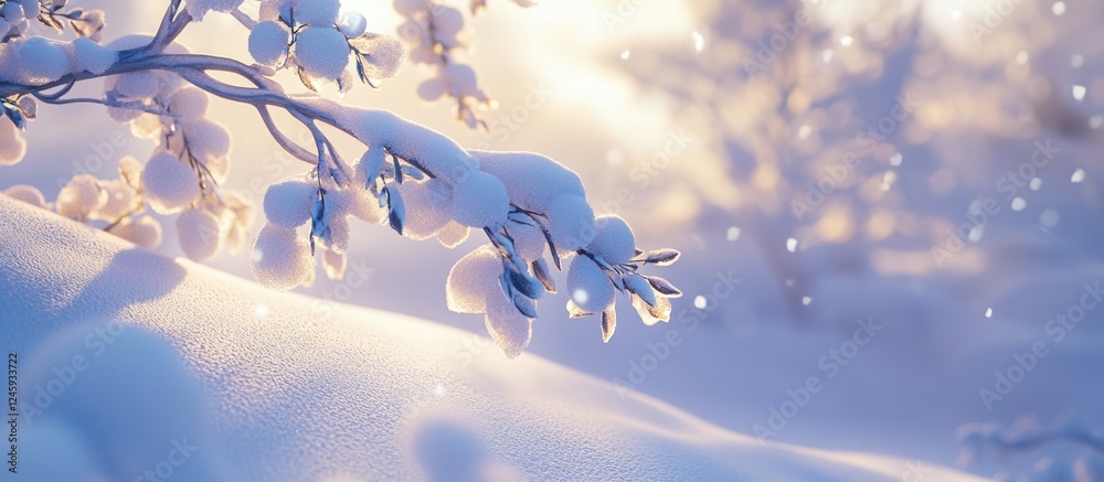 Poster snow-covered branches in a serene winter landscape with soft light and gentle snowfall