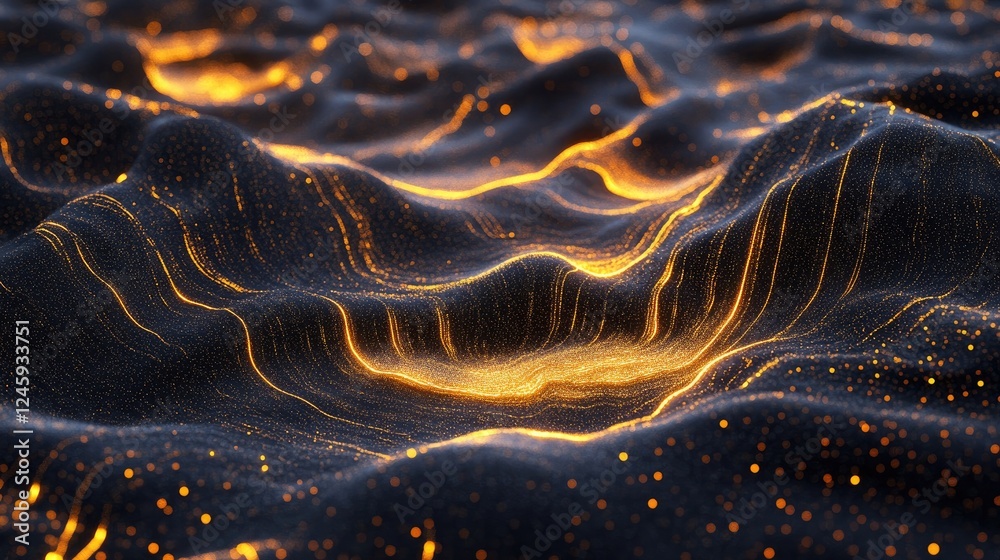 Poster Glowing topographic lines and particles forming a futuristic digital landscape, representing cutting-edge technology and innovation for forward-thinking projects.